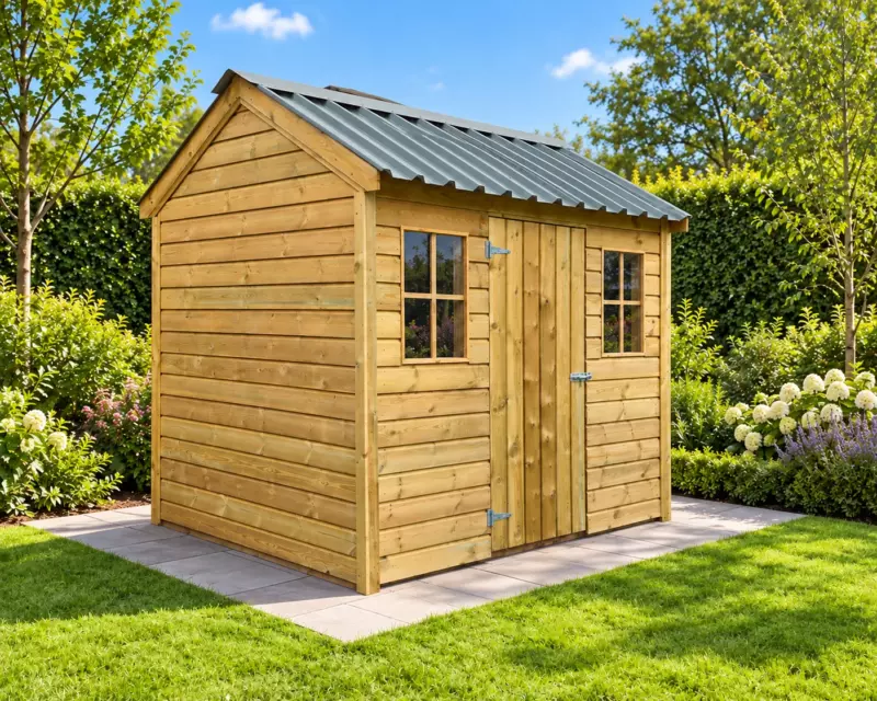 Cottage style timber shed with two windows in an Irish garden