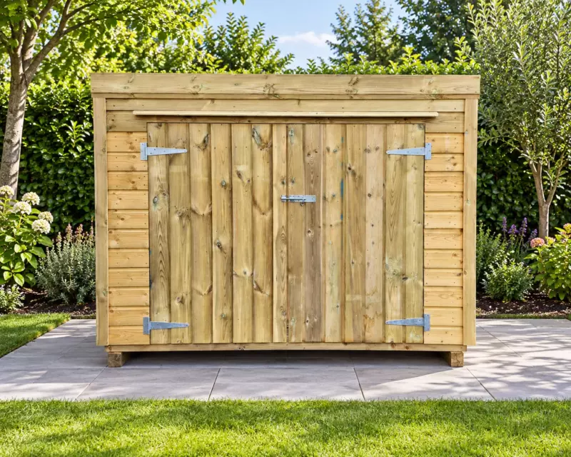 Timber bike shed with doors closed