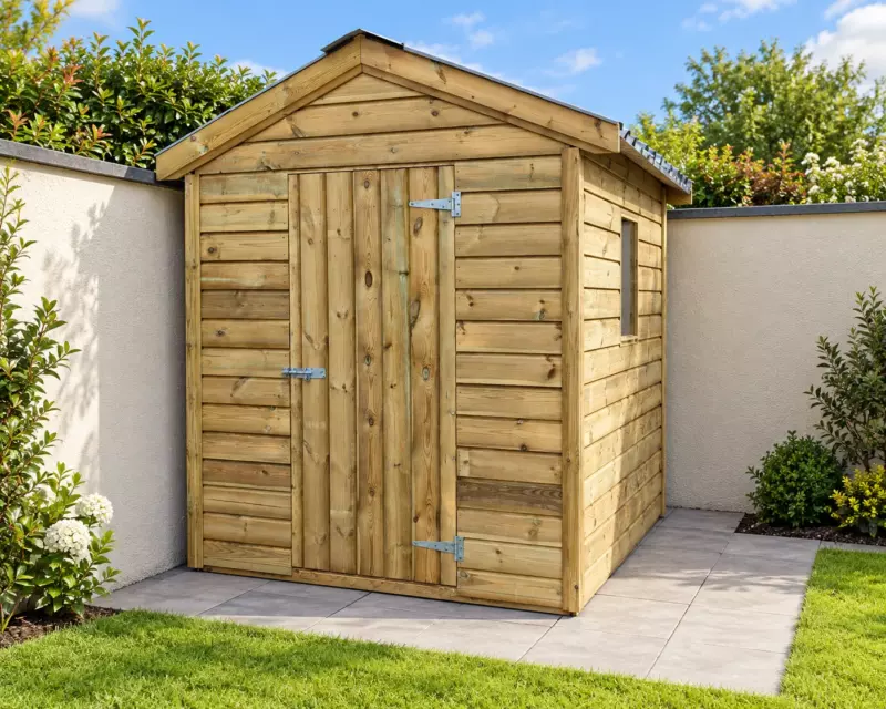 Standard timber garden shed between garden walls