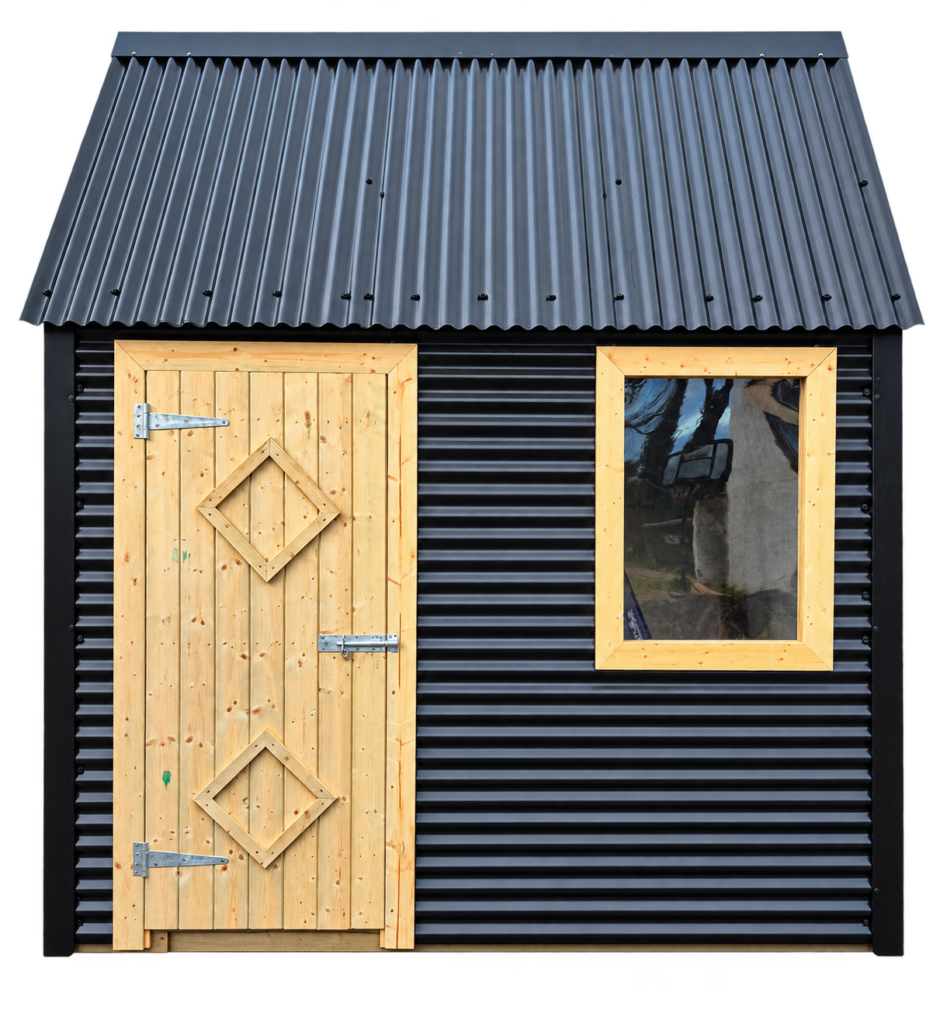 Black corrugated timber shed with natural timber door and window